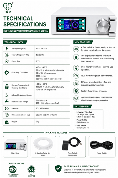 TSW hysteroscopy irrigation pump front view with digital pressure and flow display