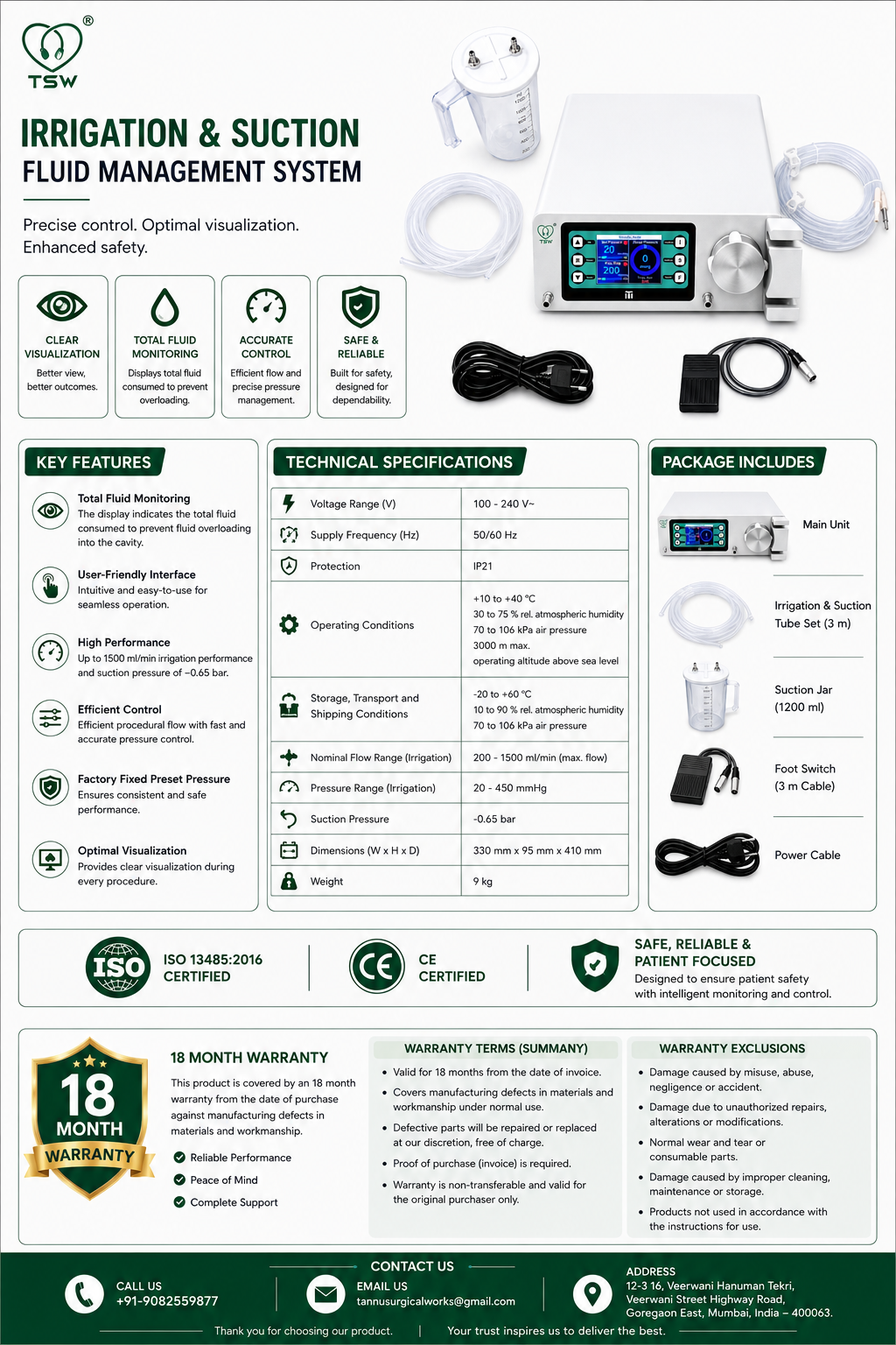 TSW hysteroscopy irrigation suction pump with digital pressure and flow display