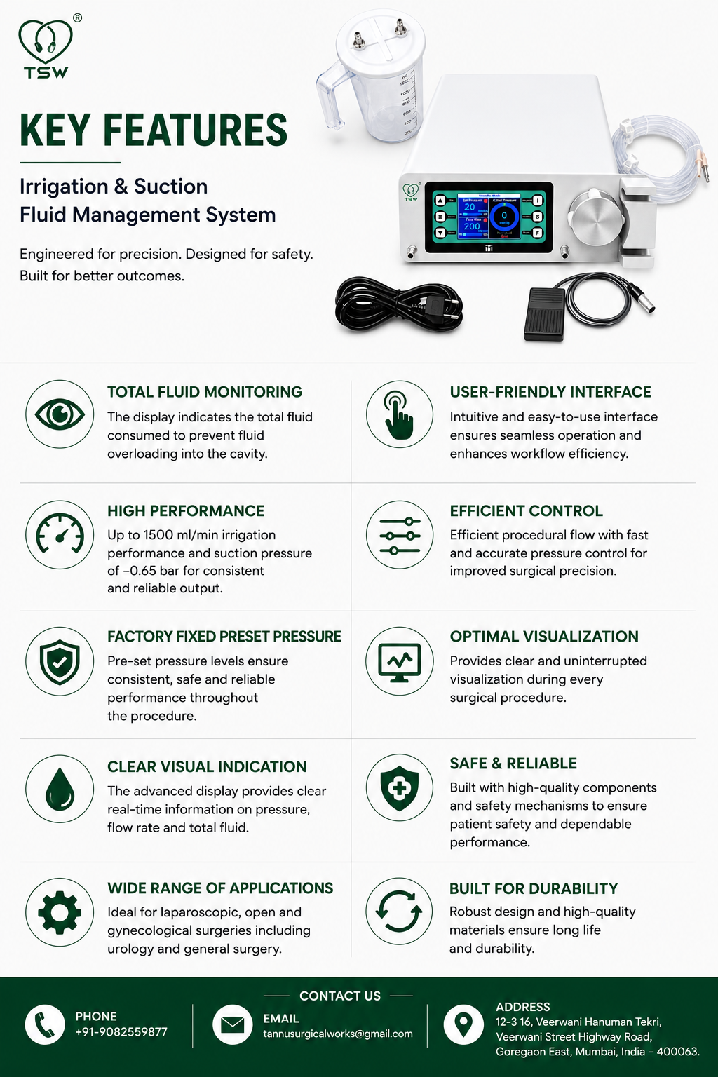 Hysteroscopic fluid management system with 200–1500 ml/min irrigation flow