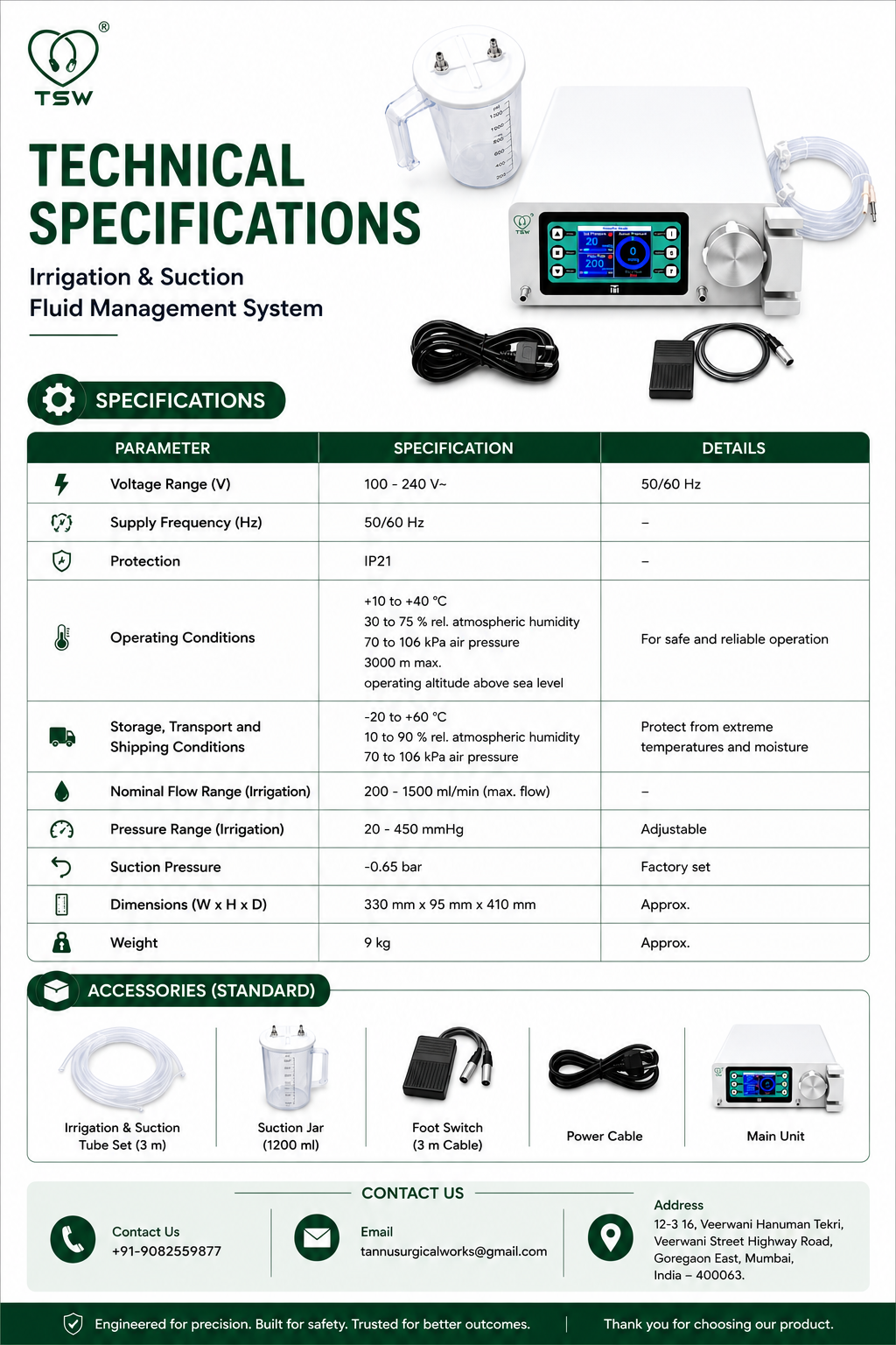 TSW irrigation and suction system with 20–450 mmHg pressure control and -0.65 bar suction
