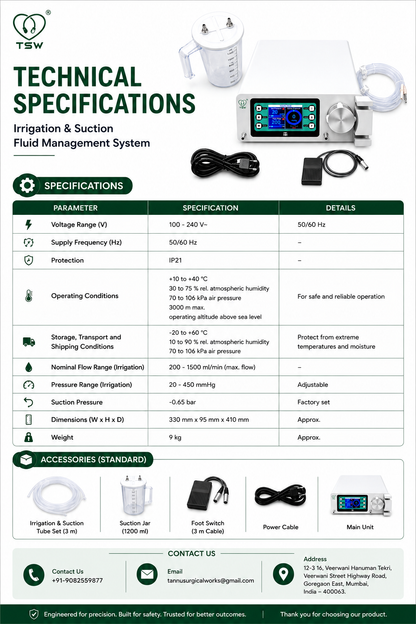 TSW irrigation and suction system with 20–450 mmHg pressure control and -0.65 bar suction
