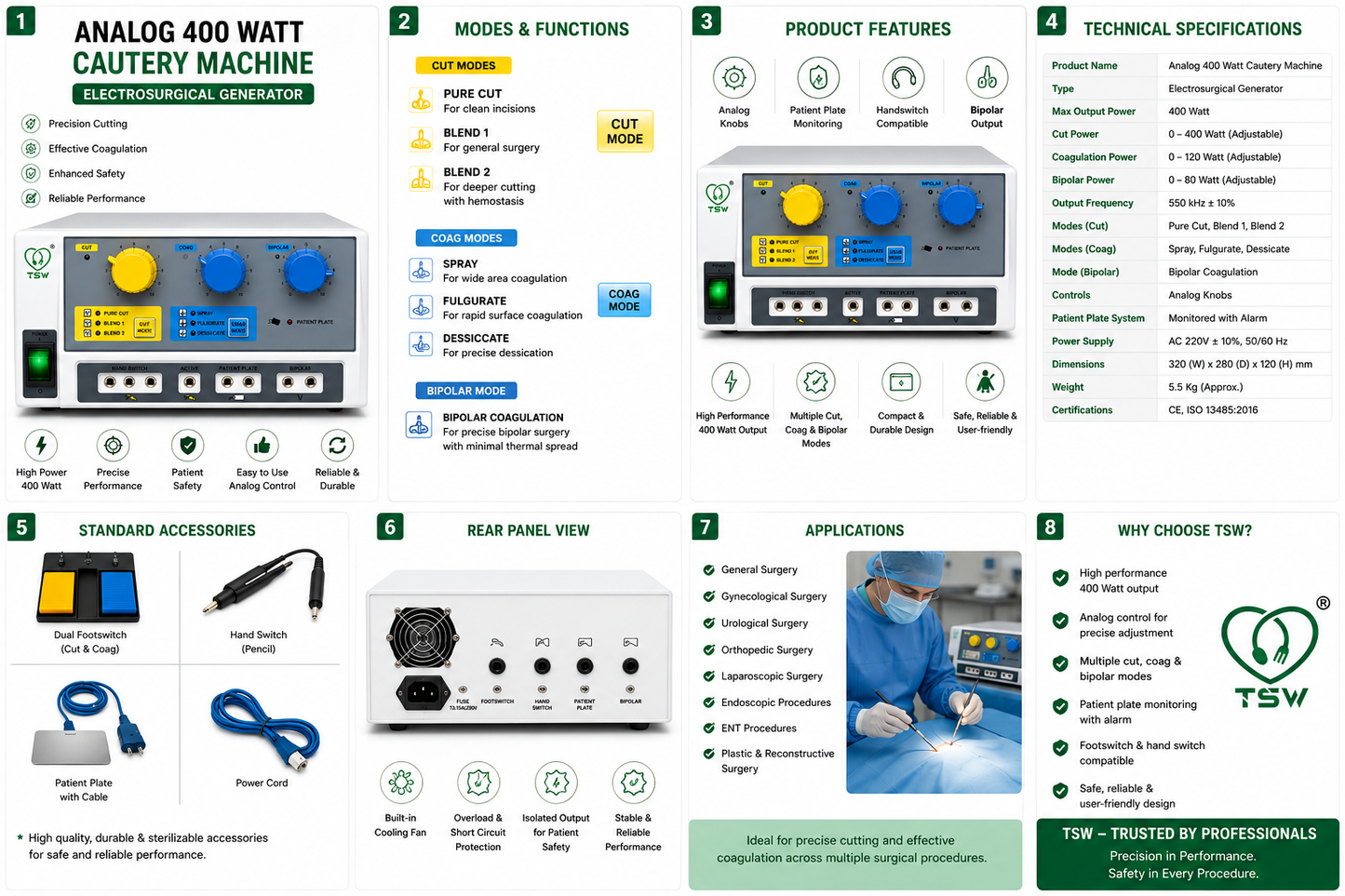 G SSE TUR 400W Analog Cautery Machine | Monopolar & Bipolar Electrosurgical Generator | Surgical Diathermy Electrosurgery Unit | Complete Accessories Set