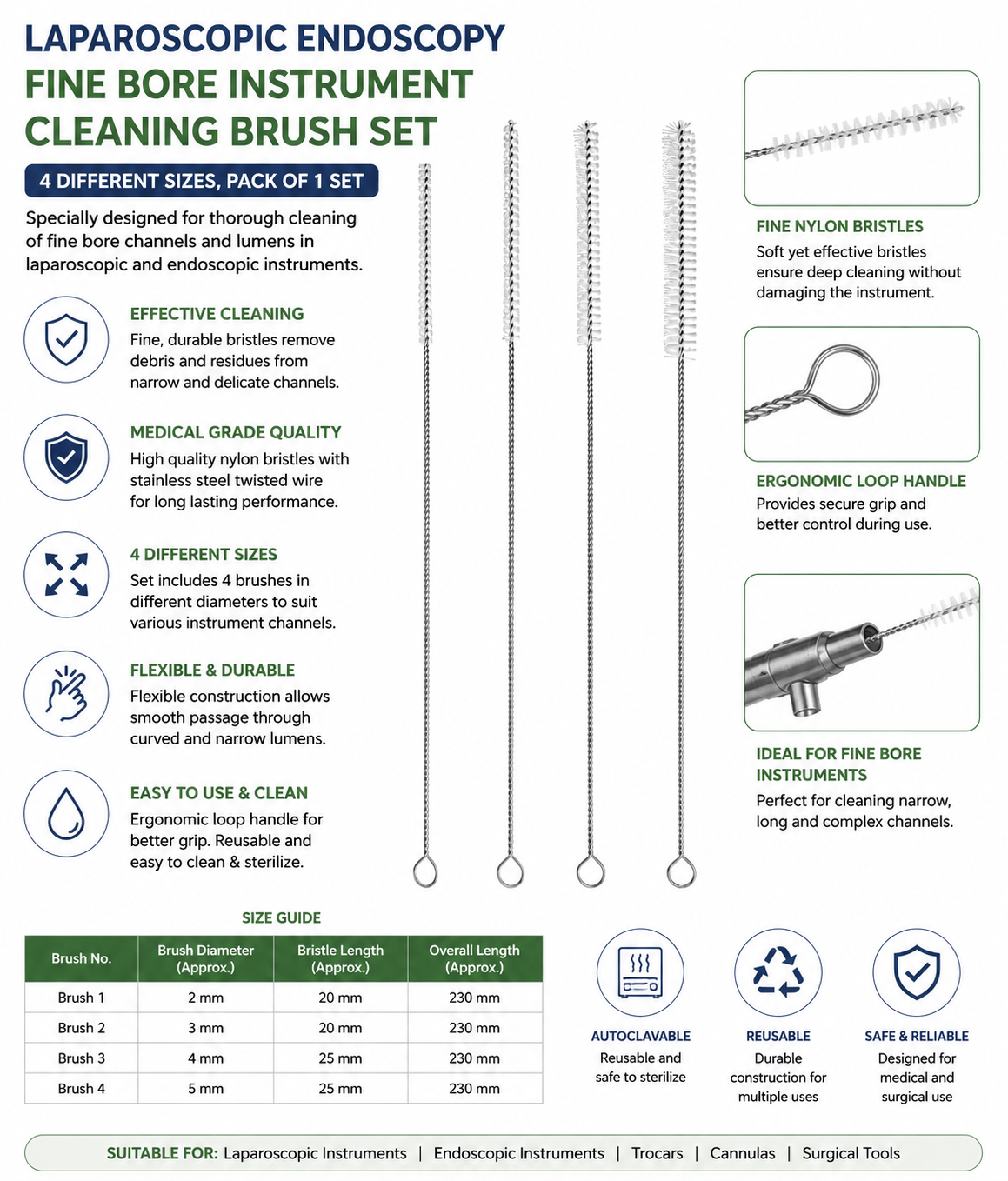 Reusable instrument cleaning brush set key-features overview