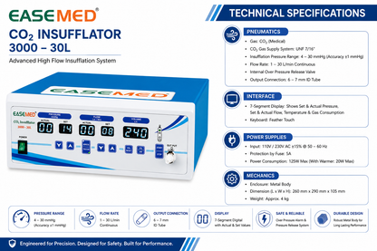 EASEMED Advance 30L CO₂ Insufflator with Inbuilt Regulator & Air Mode | High Flow 30 Liters Laparoscopic CO₂ Insufflation System | Gas Warmer | Metal Body | Complete Set - TSW
