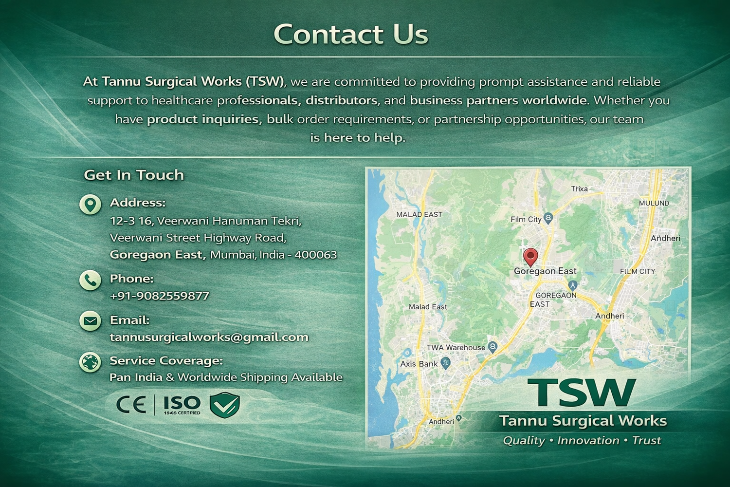 Contact Tannu Surgical Works banner showing address in Mumbai with surgical instruments manufacturer green theme