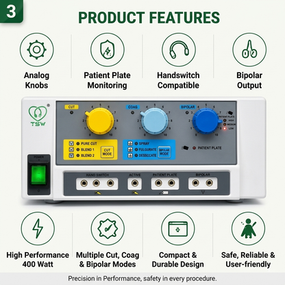 G SSE TUR 400W Analog Cautery Machine | Monopolar & Bipolar Electrosurgical Generator | Surgical Diathermy Electrosurgery Unit | Complete Accessories Set