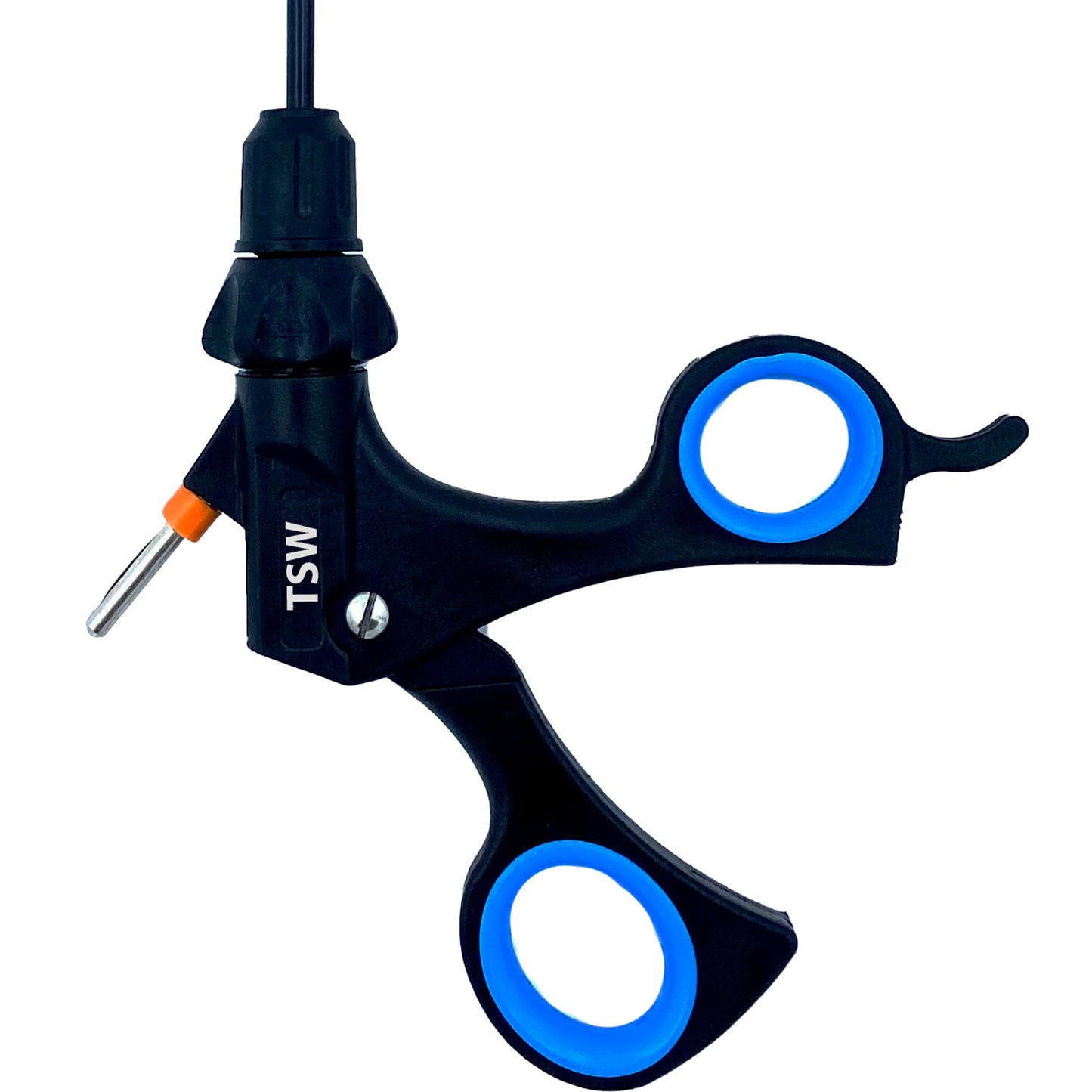 Laparoscopic curved scissor handle and control mechanism close-up