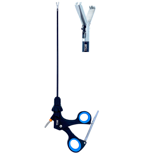 Laparoscopic 2x4 Toothed Atraumatic Grasper surgical instrument with serrated jaws for secure tissue handling