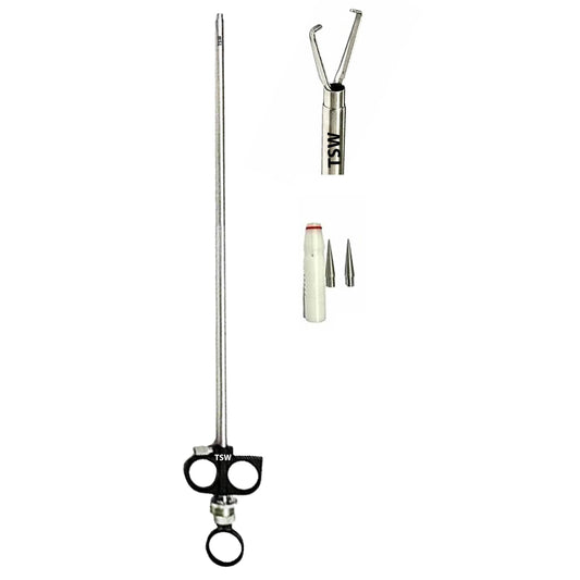 Laparoscopic Ring Band Applicator Double Puncture – Surgical sterilization instrument for tubal ligation with stainless steel body and ergonomic handle