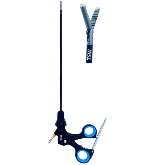 Laparoscopic Alligator Grasper Forceps with angled serrated jaws for secure tissue manipulation during minimally invasive surgery.