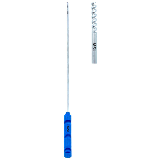Laparoscopic myoma screw instrument with ergonomic handle used for fibroid traction during myomectomy surgery.