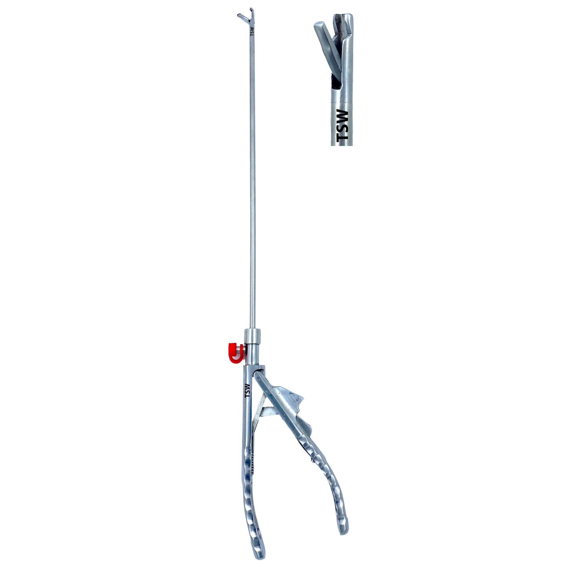 Stainless steel laparoscopic self-aligning needle holder with ergonomic handle and serrated jaw for suturing in minimally invasive surgeries