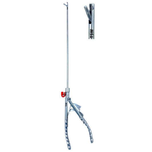 Stainless steel laparoscopic self-aligning needle holder with ergonomic handle and serrated jaw for suturing in minimally invasive surgeries