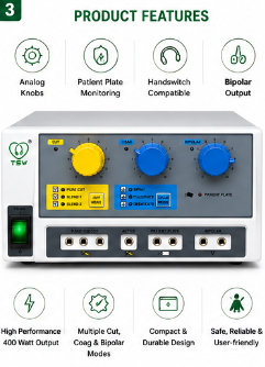G SSE TUR 400W Analog Cautery Machine | Monopolar & Bipolar Electrosurgical Generator | Surgical Diathermy Electrosurgery Unit | Complete Accessories Set