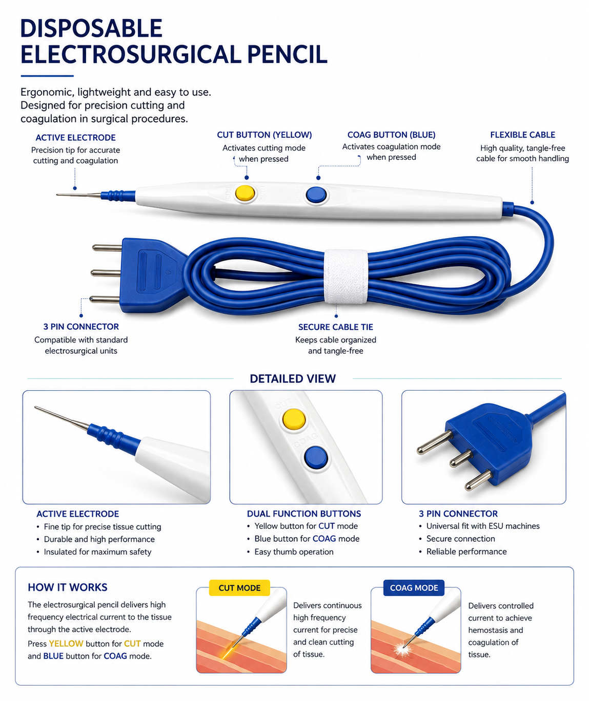 Disposable electrosurgical cautery pencil product specification overview