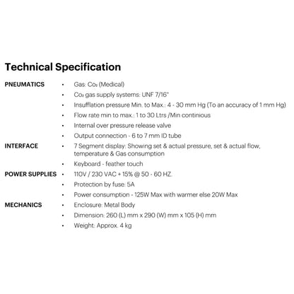 Laparoscopic CO₂ insufflator technical features with 4–30 mmHg pressure range