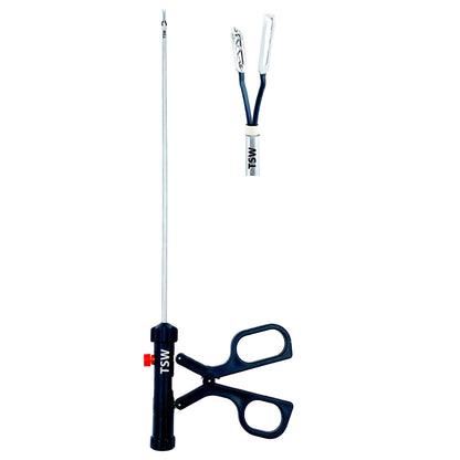 TSW laparoscopic bipolar forceps full view with X-shaped handle and 33cm shaft